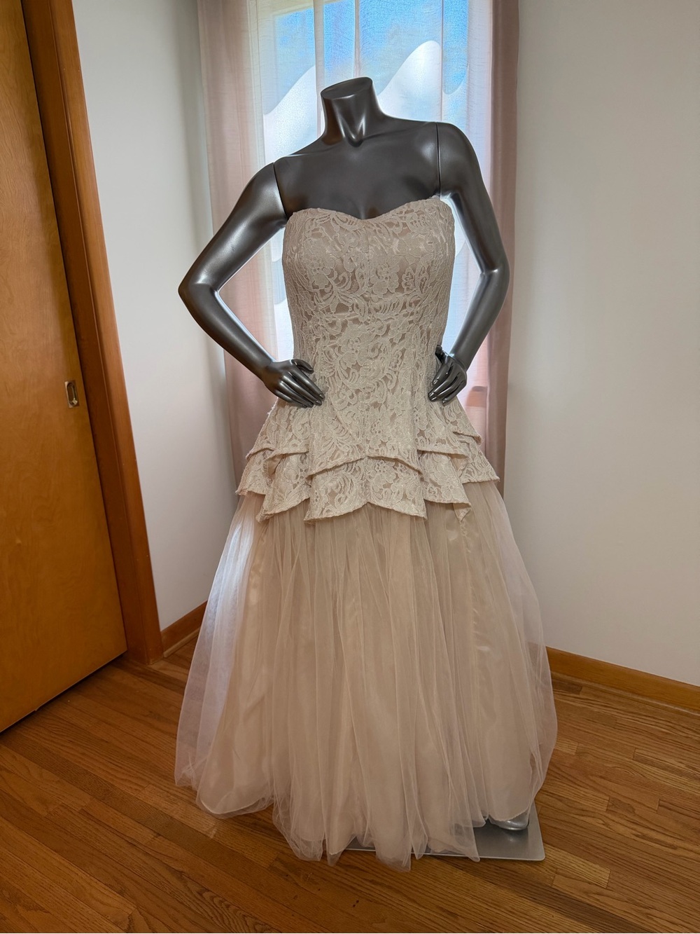 Strapless Lace Peplum Tulle Gown in champagne